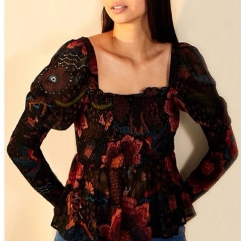 Farm Rio River Creatures Top Black Floral Smocked Long Sleeve Whimsigoth Sheer L - Picture 8 of 13